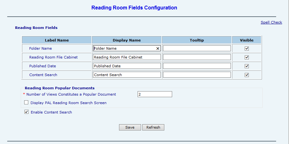 Configuration settings for Reading Room fields including folder name and content search options.